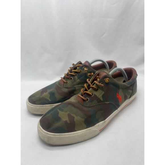 Mens Polo Ralph Lauren Vaughn Canvas Sneakers Green Camo Red Pony Size 12 D - Picture 1 of 10